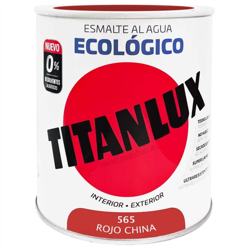  Esmalte Ecológico Titanlux al Agua - Colores 750 ml - Brillante — Acabado: Brillante – Capacidad del envase: 750 ml – Colores Titanlux Ecológico: Rojo China 0565 . Foto Esmalte Sintético o Acrílico © Arcashop.es. 