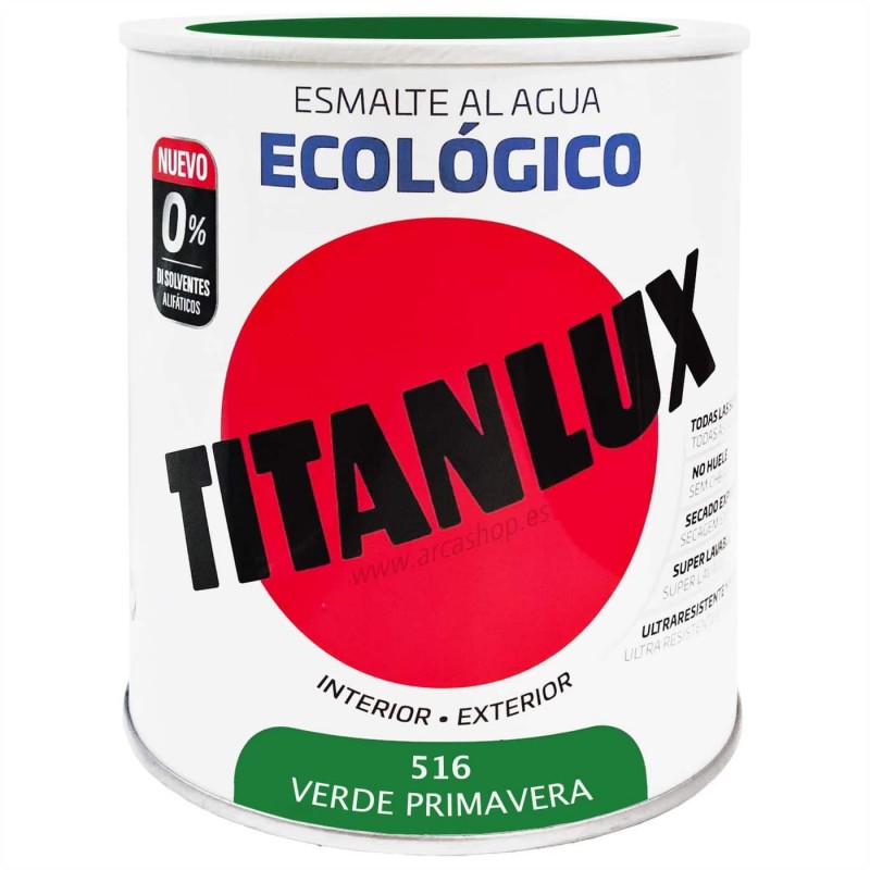  Esmalte Ecológico Titanlux al Agua - Colores 750 ml - Brillante — Acabado: Brillante – Capacidad del envase: 750 ml – Colores Titanlux Ecológico: Verde primavera 0516 . Foto Esmalte Sintético o Acrílico © Arcashop.es. 