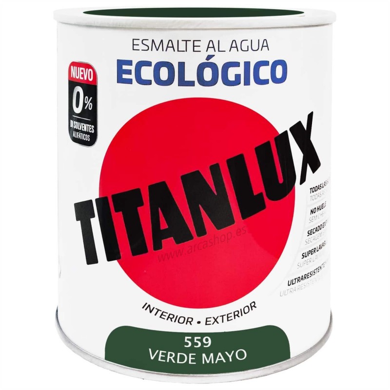  Esmalte Ecológico Titanlux al Agua - Colores 750 ml - Brillante — Acabado: Brillante – Capacidad del envase: 750 ml – Colores Titanlux Ecológico: Verde mayo 0559 . Foto Esmalte Sintético o Acrílico © Arcashop.es. 