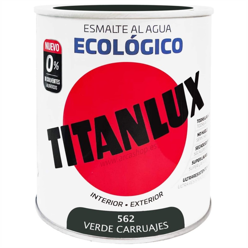  Esmalte Ecológico Titanlux al Agua - Colores 750 ml - Brillante — Acabado: Brillante – Capacidad del envase: 750 ml – Colores Titanlux Ecológico: Verde carruajes 0562 . Foto Esmalte Sintético o Acrílico © Arcashop.es. 
