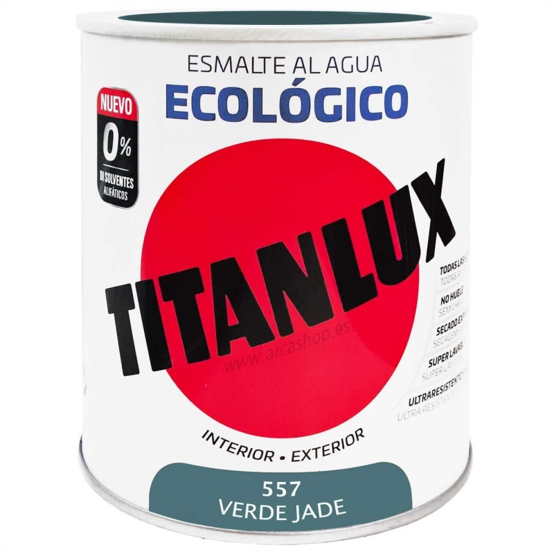  Esmalte Ecológico Titanlux al Agua - Colores 750 ml - Brillante — Acabado: Brillante – Capacidad del envase: 750 ml – Colores Titanlux Ecológico: Verde jade 0557 . Foto Esmalte Sintético o Acrílico © Arcashop.es. 