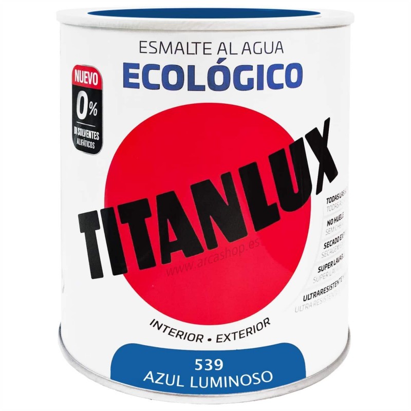  Esmalte Ecológico Titanlux al Agua - Colores 750 ml - Brillante — Acabado: Brillante – Capacidad del envase: 750 ml – Colores Titanlux Ecológico: Azul luminoso 0539 . Foto Esmalte Sintético o Acrílico © Arcashop.es. 