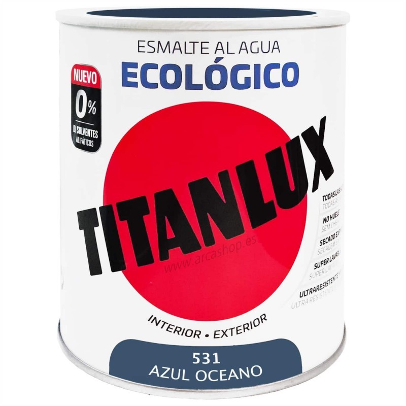  Esmalte Ecológico Titanlux al Agua - Colores 750 ml - Brillante — Acabado: Brillante – Capacidad del envase: 750 ml – Colores Titanlux Ecológico: Azul océano 0531 . Foto Esmalte Sintético o Acrílico © Arcashop.es. 