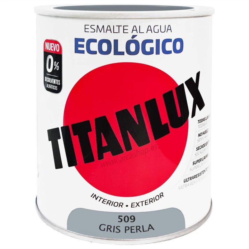  Esmalte Ecológico Titanlux al Agua - Colores 750 ml - Brillante — Acabado: Brillante – Capacidad del envase: 750 ml – Colores Titanlux Ecológico: Gris perla 0509 . Foto Esmalte Sintético o Acrílico © Arcashop.es. 