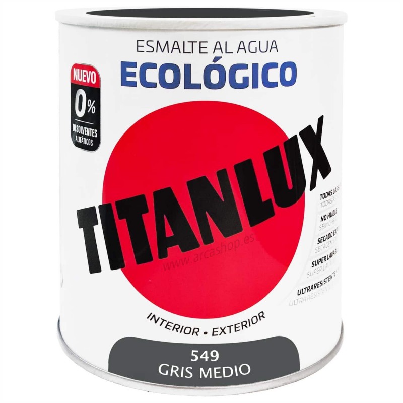  Esmalte Ecológico Titanlux al Agua - Colores 750 ml - Brillante — Acabado: Brillante – Capacidad del envase: 750 ml – Colores Titanlux Ecológico: Gris medio 0549 . Foto Esmalte Sintético o Acrílico © Arcashop.es. 