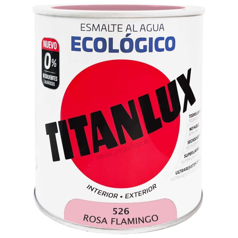  Esmalte Ecológico Titanlux al Agua - Colores 750 ml - Brillante — Acabado: Brillante – Capacidad del envase: 750 ml – Colores Titanlux Ecológico: Rosa flamingo 0526 . Foto Esmalte Sintético o Acrílico © Arcashop.es. 