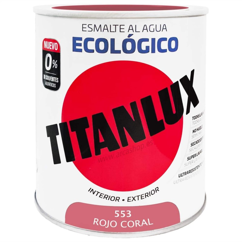  Esmalte Ecológico Titanlux al Agua - Colores 750 ml - Brillante — Acabado: Brillante – Capacidad del envase: 750 ml – Colores Titanlux Ecológico: Rojo coral 0553 . Foto Esmalte Sintético o Acrílico © Arcashop.es. 