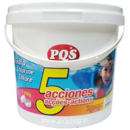 Cloro 5 Acciones PQS: desinfección, estabilizador de cloro, algicida, antihongos y floculante. 
