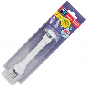 Aireador largo y flexible para grifos con abrazadera, plástico y color cromado y blanco.