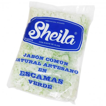 Jabón Verde en Escamas, Jabón artesano y natural de Jabones Sheila, jabón verde con aceite de oliva en bolsa de 250 grs.