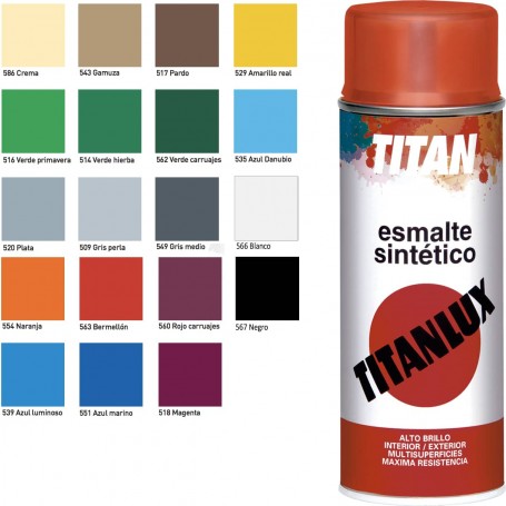 Esmalte Spray Sintético Brillante Titanlux colores Blanco, Negro, Crema, Marrón, Amarillo, Naranja, Rojo, Verde, Azul, etc.