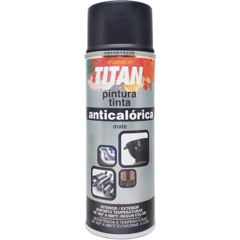 Esmalte Anticalórico Spray Mate Titanlux TITAN, en rojo, negro, blanco y aluminio, envases de 200 ml.