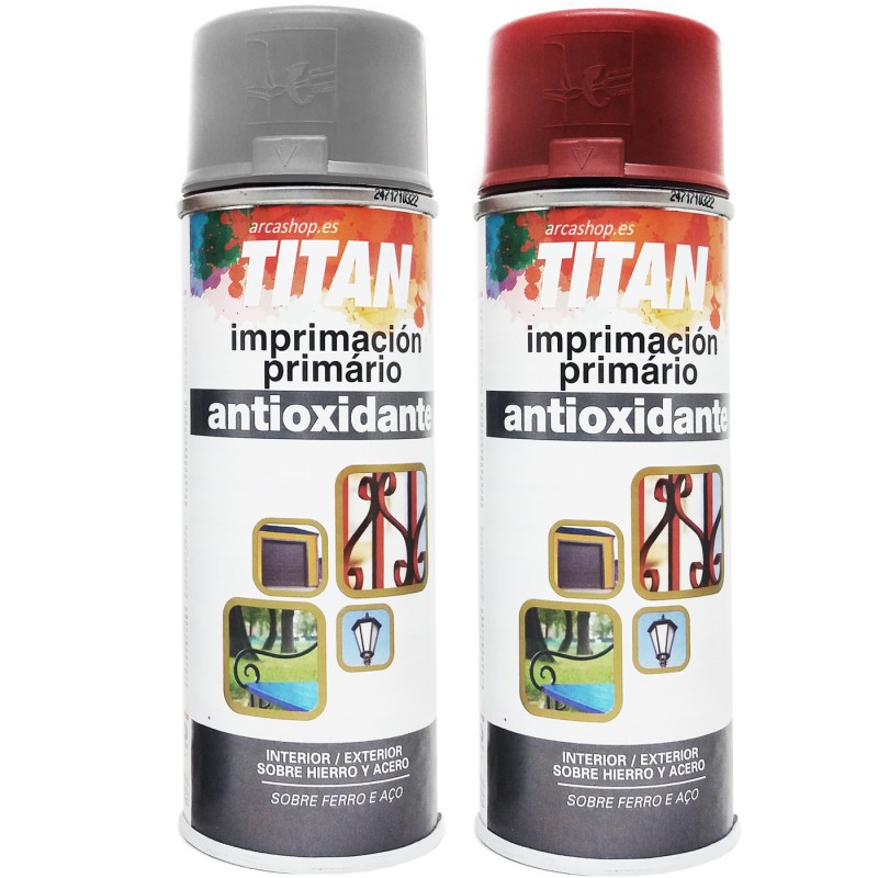 Imprimación Antioxidante Spray Titanlux Gris y Rojo Óxido, usar en metal, hierro, madera, cerámica, piedra, etc.