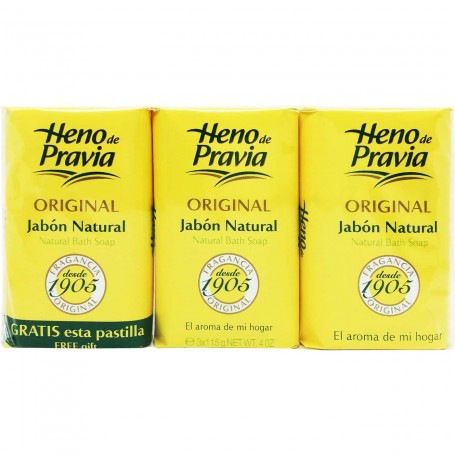 Jabón Original Heno de Pravia Pack 3 pastillas, jabón de baño y tocador.