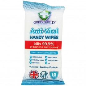 Toallitas Manos Anti-Virales Green ShielD, limpiadoras e higienizantes, combaten el 99,9% de virus y bacterias.