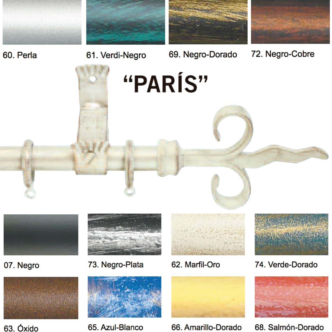 Carta colores para conjunto Barra Forja Ø28 mm, Kit barra mod. Paris, Riel Chyc