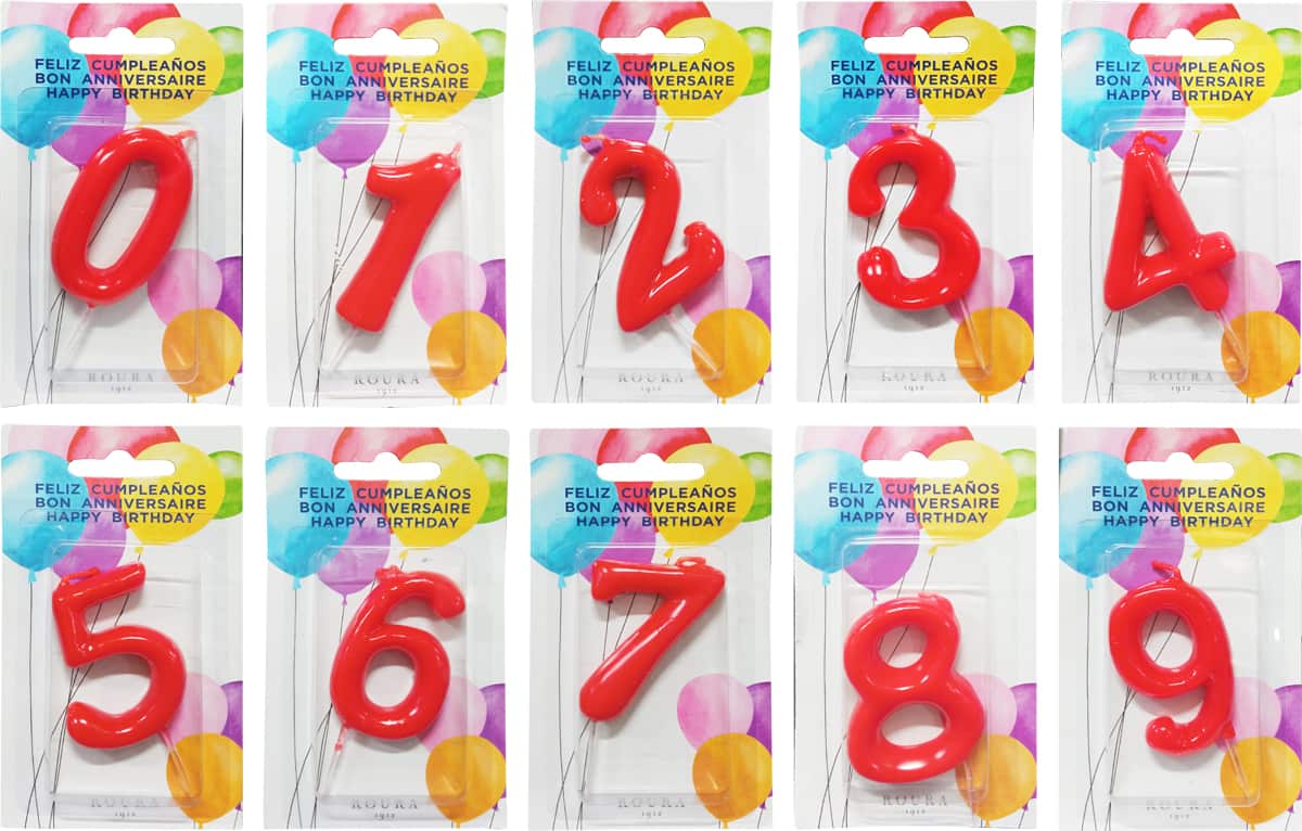 Velas cumpleaños, velas números para cumpleaños, velas cumpleaños para adultos: Vela numero cero (0), vela numero uno (1), vela numero dos (2), vela numero tres (3), vela numero cuatro (4), vela numero cinco (5), vela numero seis (6), vela numero siete (7), vela numero ocho (8) y vela numero nueve (9)