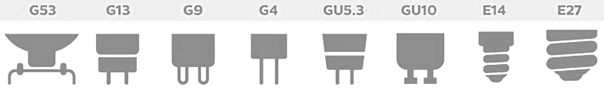 Tipos de cásquillos Led: GU5.3, GU10, E14, E27, G53,G13, G9, G4