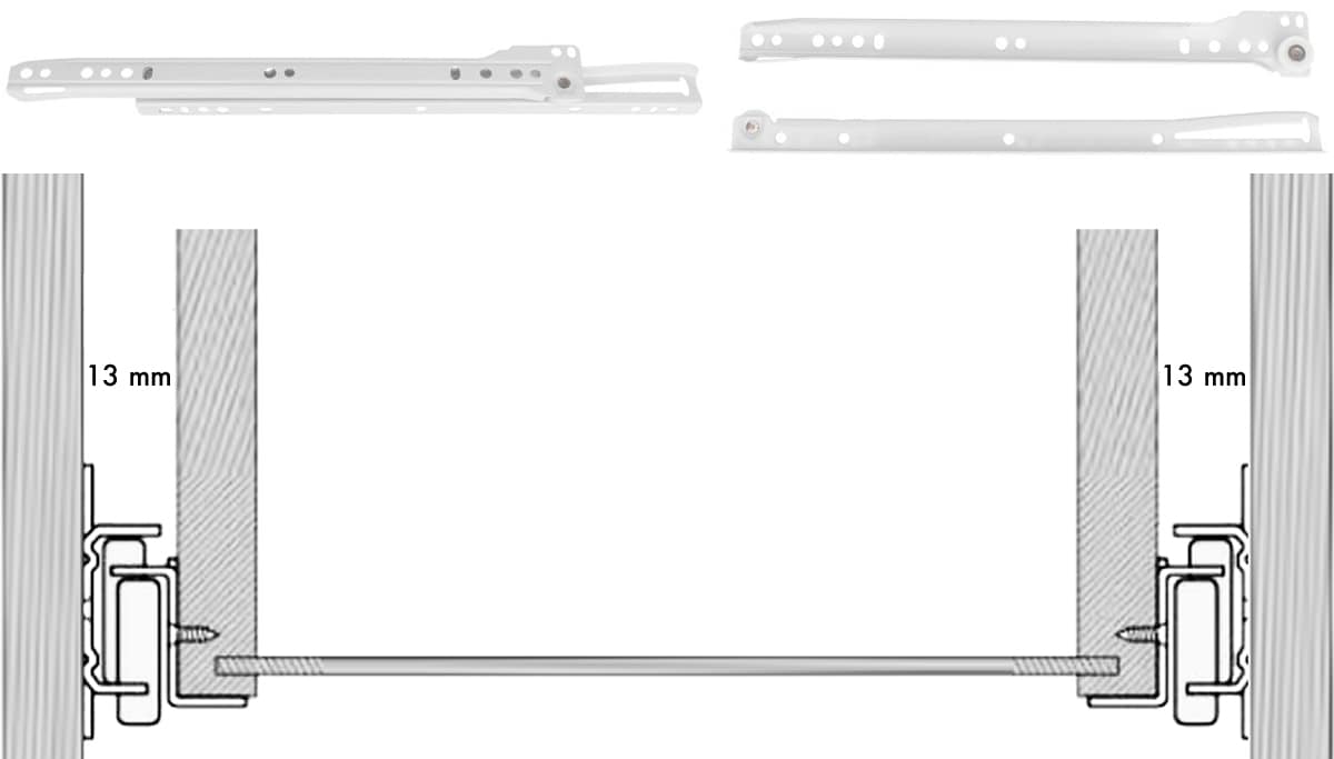 Juego de Guías para Cajones Blanco Epoxi (modelo 16), dos tamaños disponibles, longitud de 400 mm o 500 mm.