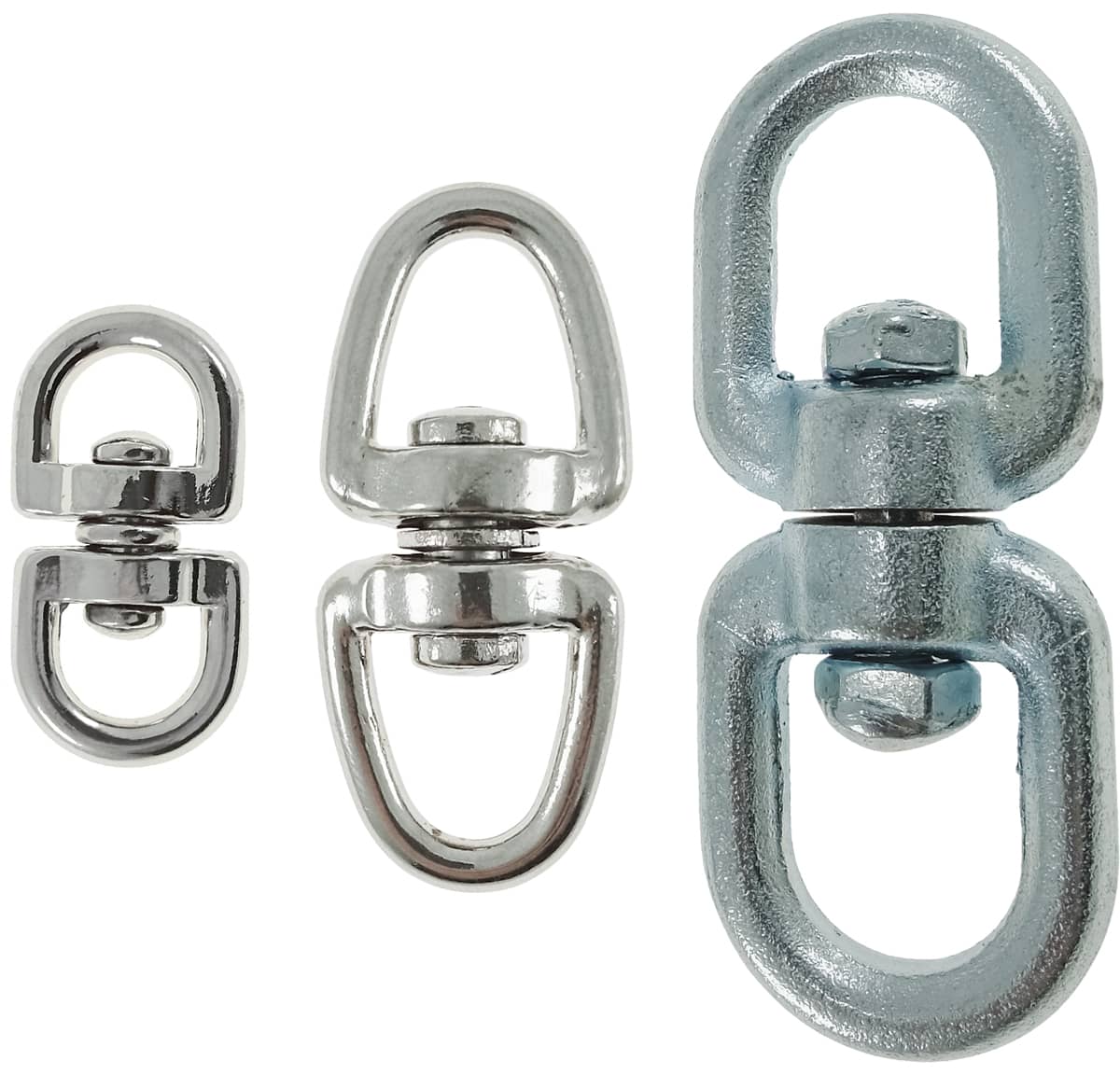 Anilla doble giratoria (rodete doble o grillete giratorio) para unión de cuerdas, cadenas y cables, varios tamaños 39x19x3 mm (3/8”), 55x24x4 mm (1/2”), 70x31x5 mm (3/4”), 70x31x5 mm (3/4”) y 90x19x7 mm (1”). Acero galvanizado, usos múltiples.