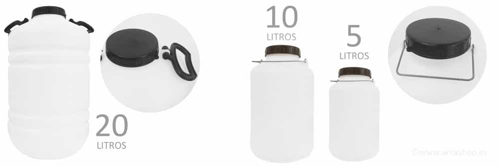 Garrafa plástico blanca de 5 y 10 litros para almacenaje de alimentos. Bidón plastico blanco de 20 litros para aceitunas aliñadas y otros alimentos.