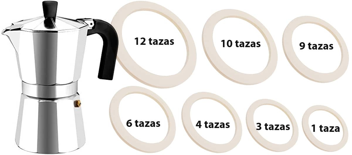 junta de cafetera italiana de 1 taza, 2 tazas, 3 tazas, 4 tazas, 6 tazas, 9 tazas, 10 tazas y 12 tazas.