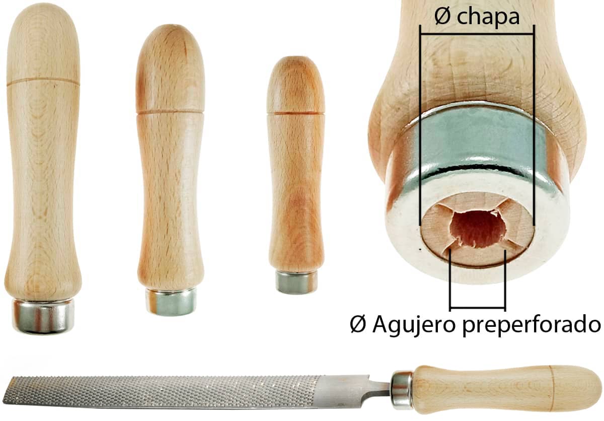Mangos de madera para herramientas manuales (limas y escofinas). Tipos y tamaños.