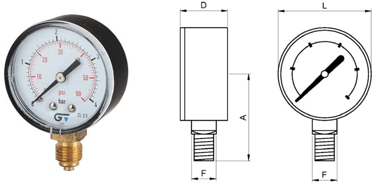 Manómetro Ø 53, salida inferior, rosca BSP, tamaño Ø53, manómetro con conexión radial inferior, rosca macho (BSP) G 1/4” según ISO 228/1, manómetro para leer la presión con la que llega el agua a la vivienda. Presión máxima: 10 bar.