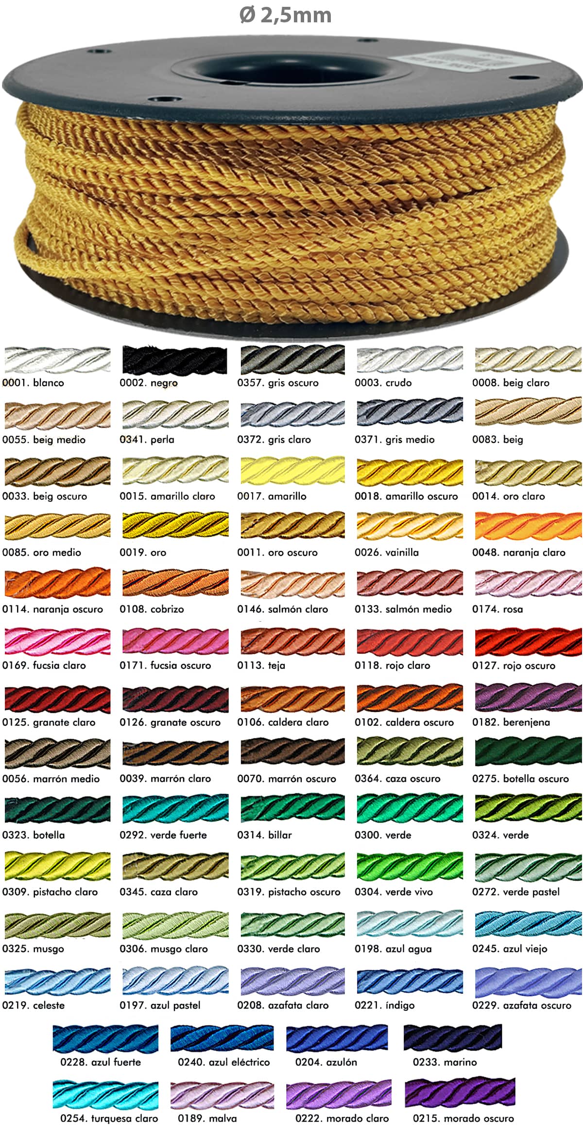 Carta Colores para el Cordón Seda fino, también llamado cordón rayón o cordón trenzado de raso.