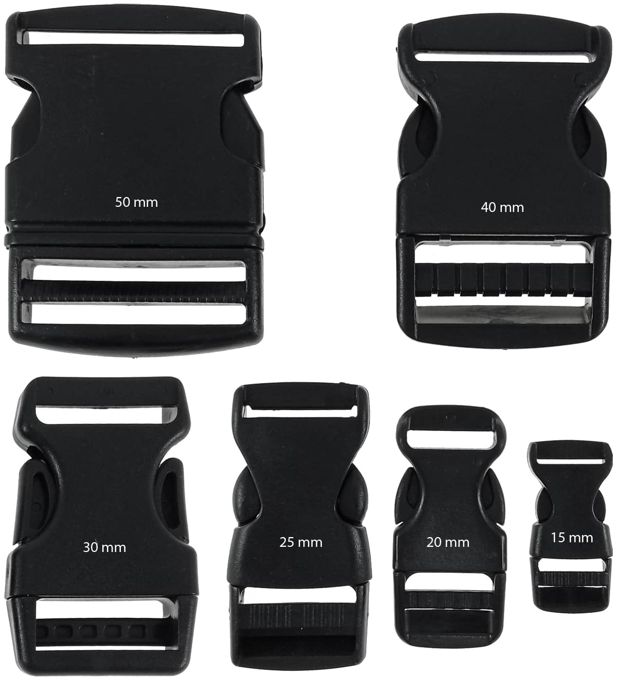 Tipos de cierre plástico negro para mochilas para cintas de mochila de 15 mm, 20 mm, 25 mm, 30 mm, 40 mm y 50 mm.