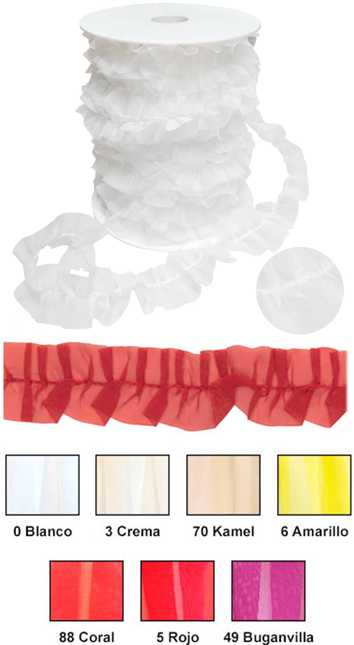 Carta colores  Plisado Carrucha Organdil 30 mm para trajes de flamenca: Blanco, crema, kamel (Camel), Amarillo, Rojo Coral, Rojo y Buganvilla.
