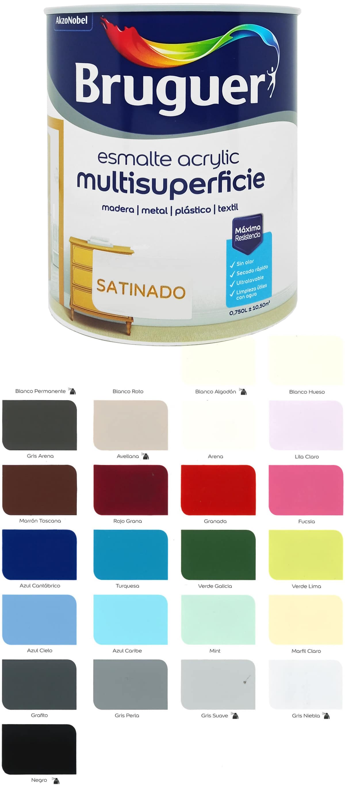 claro Molestia Gallina Bruguer Acrylic Satinado, carta de Colores, esmalte al agua.