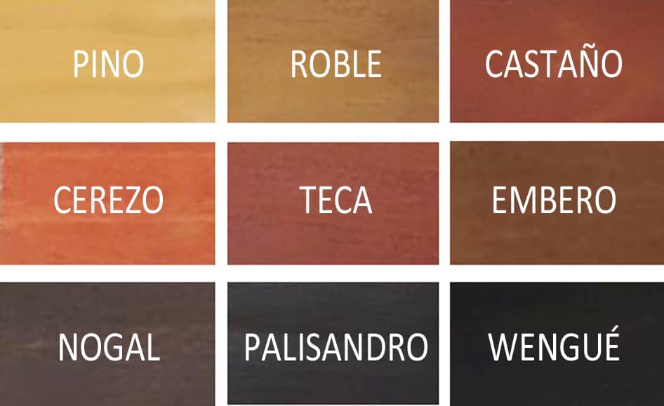 Carta de colores Lasur Protector Madera: Castaño, Nogal, Pino, Transparente, Roble, Teka, Embero, Wengué y Palisandro.
