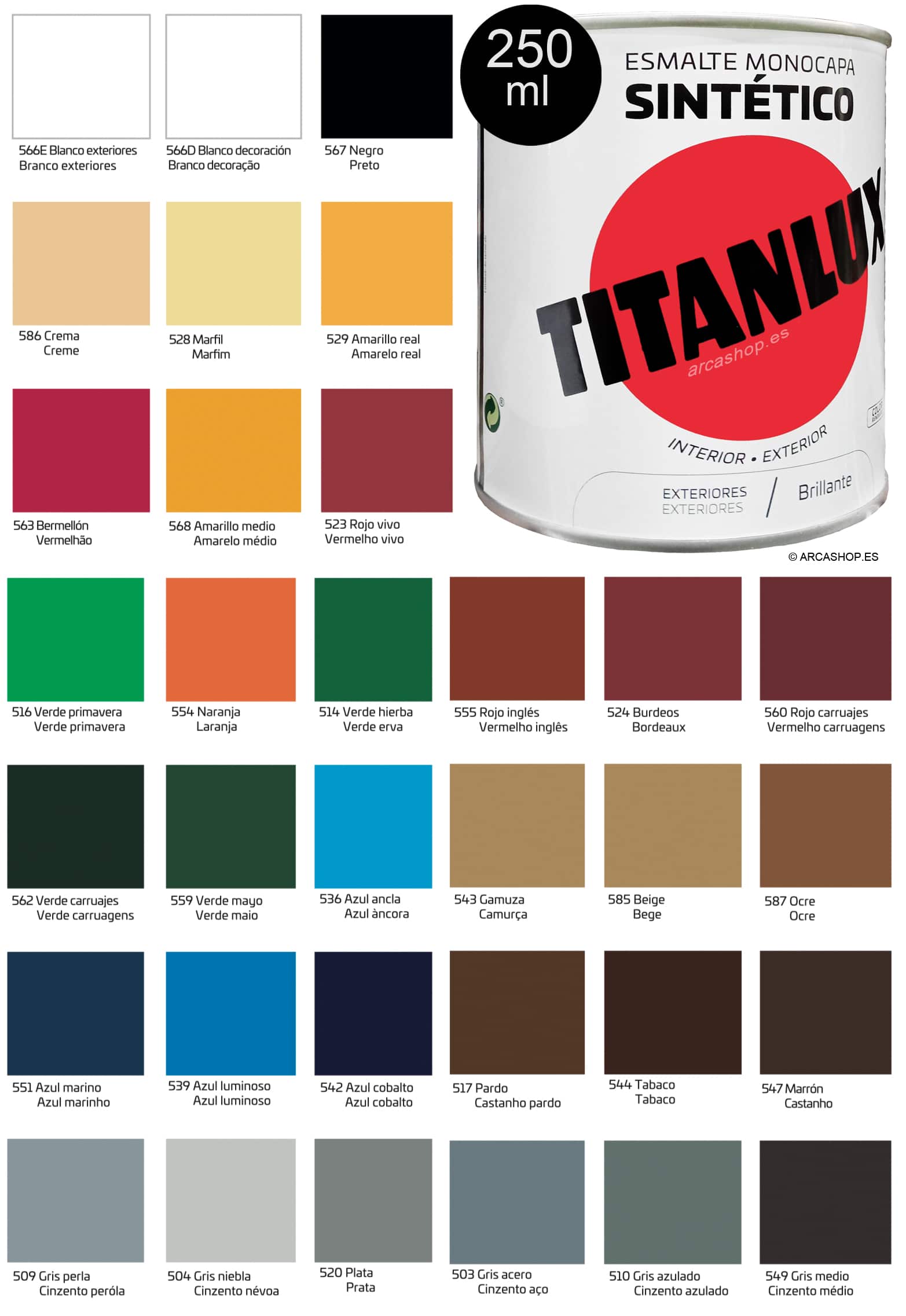 El Esmalte Sintético Monocapa Titanlux presenta una nueva carta de colores en envase de 250 ml, ofreciendo una amplia gama de opciones para tus proyectos. Toda la gama de colores disponibles.