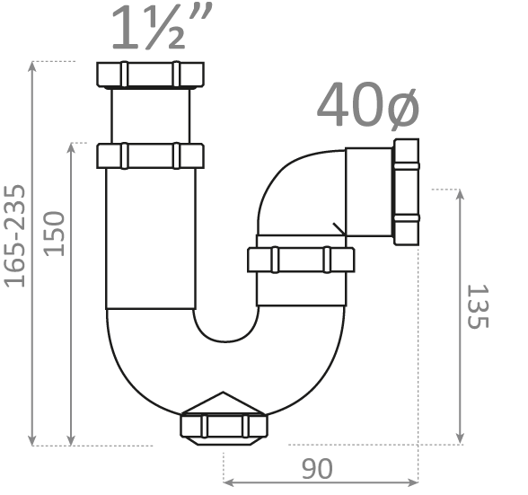 Sifón curvo salida horizontal 40 diametro. 1 1/2 extensible